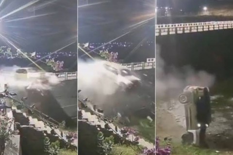 QUIXERAMOBIM - Motorista perde controle de carro, quebra mureta e quase cai em barragem de Quixeramobim; vídeo